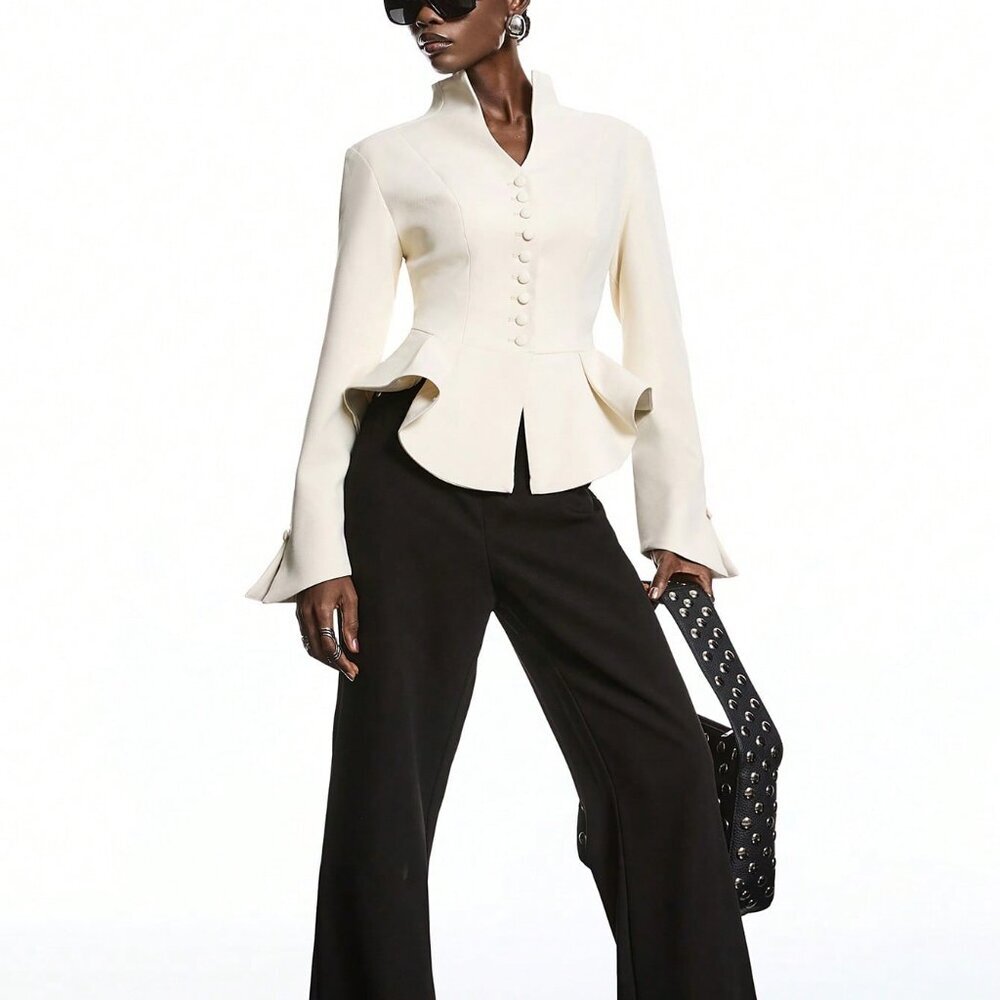 Apricot Elegant Women's Minimalist Fitted peplum blazer top - Picture 7 of 9